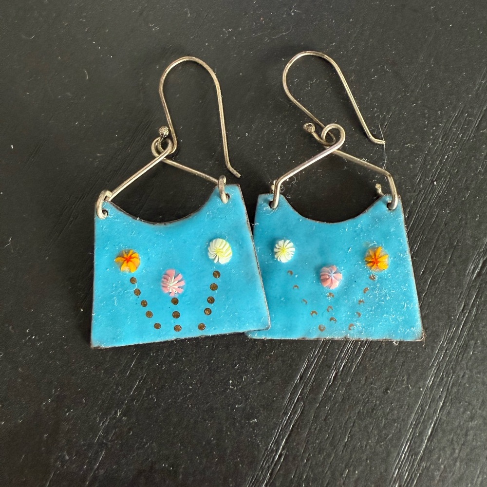 Blue Floral Dangle “Purse” Earrings